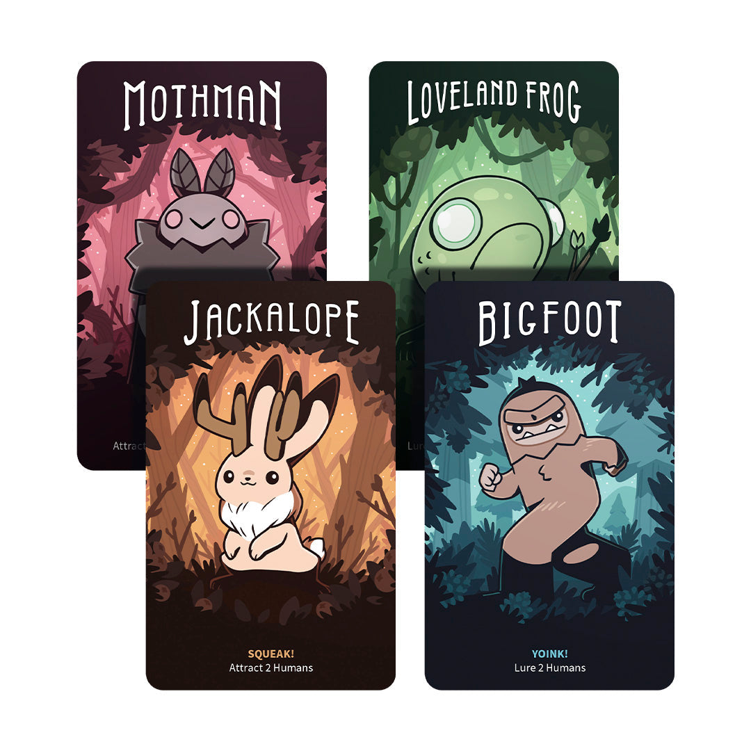 Twisted Cryptids: Base Game by Unstable Games includes four illustrated cards—Mothman, Loveland Frog, Jackalope, and Bigfoot—each with unique abilities and backgrounds for your next cryptid strategy game.