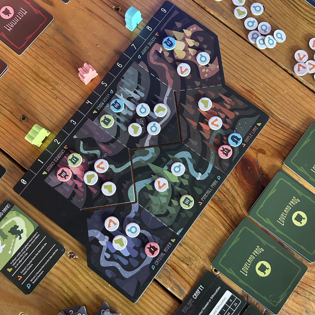 Twisted Cryptids: Base Game by Unstable Games features a central map board, tokens, cards, and player pieces—ideal for strategy fans and those following its Kickstarter campaign.