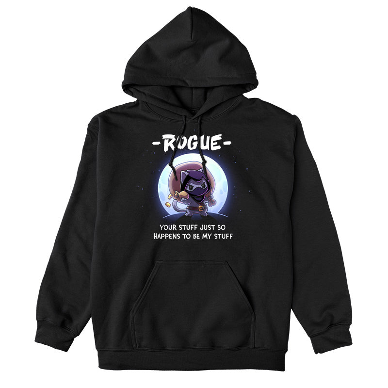Pullover Hoodie_TeeTurtle black Your Stuff Is My Stuff apparel featuring  a rogue cat with a large treasure sack on its back holding a pouch of gold coins with a full moon in the background, and the caption, “- Rogue -, Your Stuff Just So Happens To Be My Stuff”.