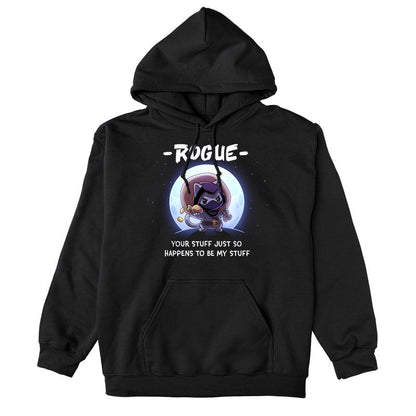 Pullover Hoodie_TeeTurtle black Your Stuff Is My Stuff apparel featuring  a rogue cat with a large treasure sack on its back holding a pouch of gold coins with a full moon in the background, and the caption, “- Rogue -, Your Stuff Just So Happens To Be My Stuff”.
