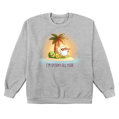 Crew Neck Sweatshirt_TeeTurtle sport grey I'm Spooky All Year apparel featuring a ghost drinking a cocktail on a beach with fruits carved like jack-o-lanterns