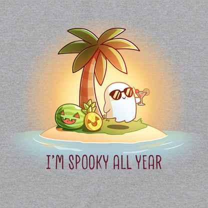 Long Sleeve T-shirt_TeeTurtle sport grey I'm Spooky All Year apparel featuring a ghost drinking a cocktail on a beach with fruits carved like jack-o-lanterns