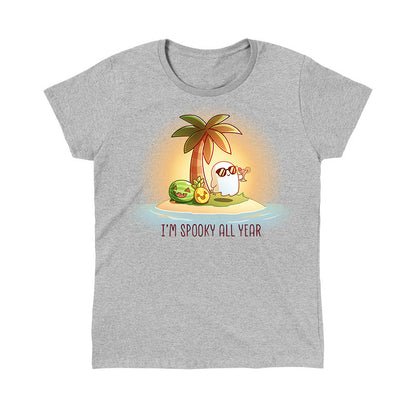 Classic Cotton T-shirt_TeeTurtle sport grey I'm Spooky All Year apparel featuring a ghost drinking a cocktail on a beach with fruits carved like jack-o-lanterns