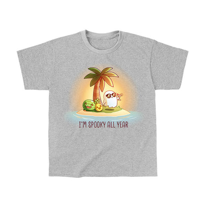 Classic Cotton T-shirt_TeeTurtle sport grey I'm Spooky All Year apparel featuring a ghost drinking a cocktail on a beach with fruits carved like jack-o-lanterns