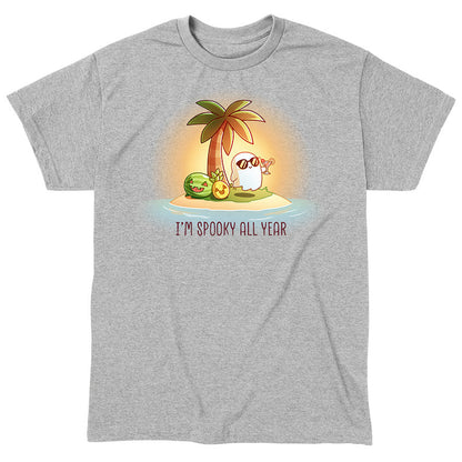 Classic Cotton T-shirt_TeeTurtle sport grey I'm Spooky All Year apparel featuring a ghost drinking a cocktail on a beach with fruits carved like jack-o-lanterns