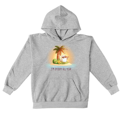 Pullover Hoodie_TeeTurtle sport grey I'm Spooky All Year apparel featuring a ghost drinking a cocktail on a beach with fruits carved like jack-o-lanterns