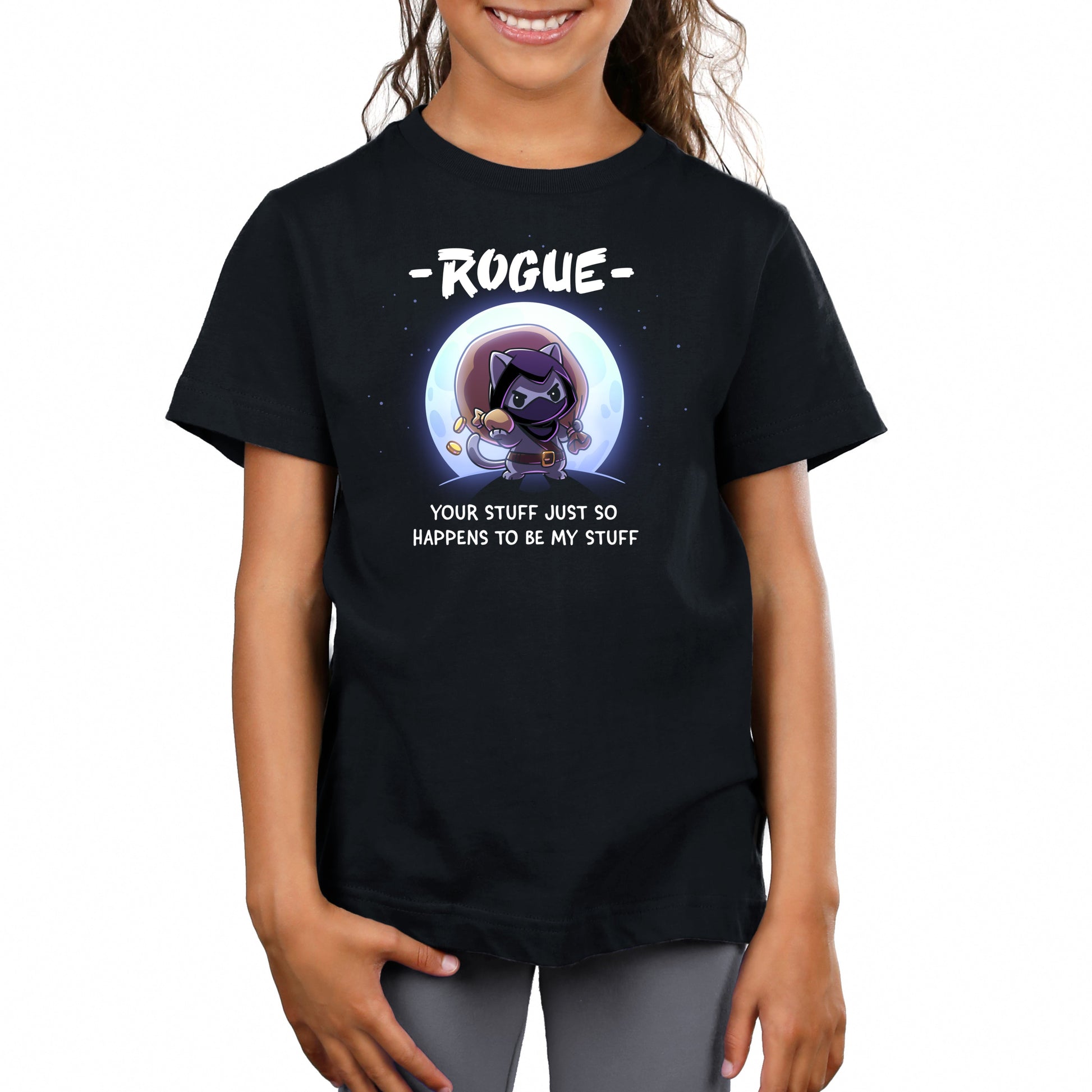 Premium Cotton T-shirt_TeeTurtle black Your Stuff Is My Stuff apparel featuring  a rogue cat with a large treasure sack on its back holding a pouch of gold coins with a full moon in the background, and the caption, “- Rogue -, Your Stuff Just So Happens To Be My Stuff”.