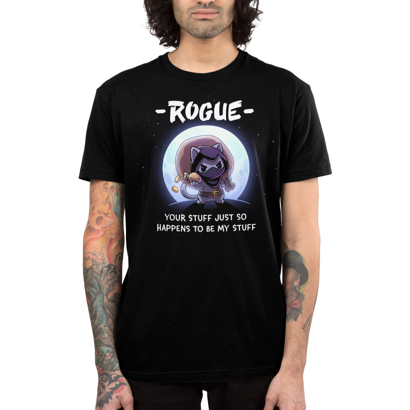 Premium Cotton T-shirt_TeeTurtle black Your Stuff Is My Stuff apparel featuring  a rogue cat with a large treasure sack on its back holding a pouch of gold coins with a full moon in the background, and the caption, “- Rogue -, Your Stuff Just So Happens To Be My Stuff”.