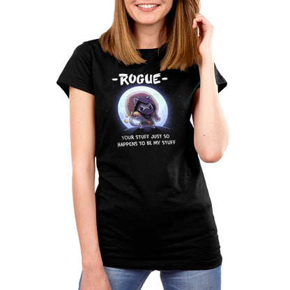Premium Cotton T-shirt_TeeTurtle black Your Stuff Is My Stuff apparel featuring  a rogue cat with a large treasure sack on its back holding a pouch of gold coins with a full moon in the background, and the caption, “- Rogue -, Your Stuff Just So Happens To Be My Stuff”.