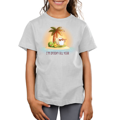 Premium Cotton T-shirt_TeeTurtle silver I'm Spooky All Year apparel featuring a ghost drinking a cocktail on a beach with fruits carved like jack-o-lanterns
