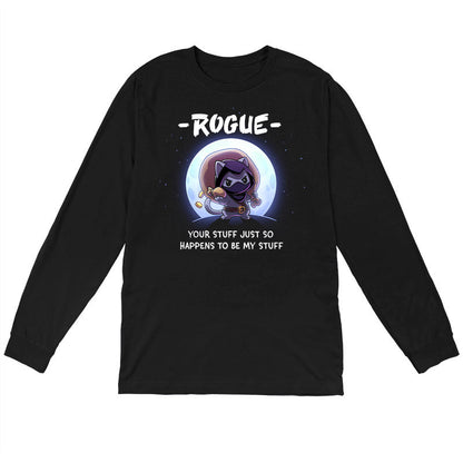Long Sleeve T-shirt_TeeTurtle black Your Stuff Is My Stuff apparel featuring  a rogue cat with a large treasure sack on its back holding a pouch of gold coins with a full moon in the background, and the caption, “- Rogue -, Your Stuff Just So Happens To Be My Stuff”.