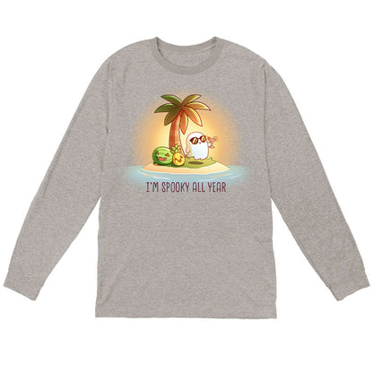 Long Sleeve T-shirt_TeeTurtle sport grey I'm Spooky All Year apparel featuring a ghost drinking a cocktail on a beach with fruits carved like jack-o-lanterns