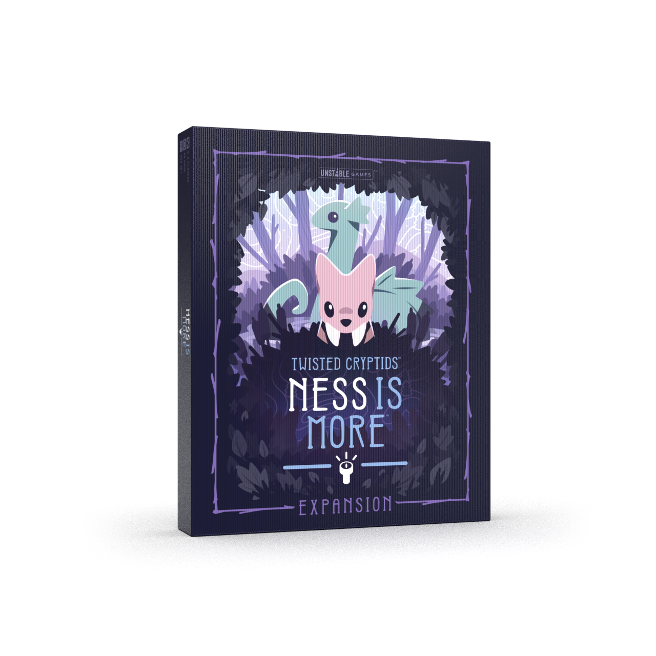 Twisted Cryptids: Ness is More Expansion" by Unstable Games features cartoon creatures and a dark forest background.